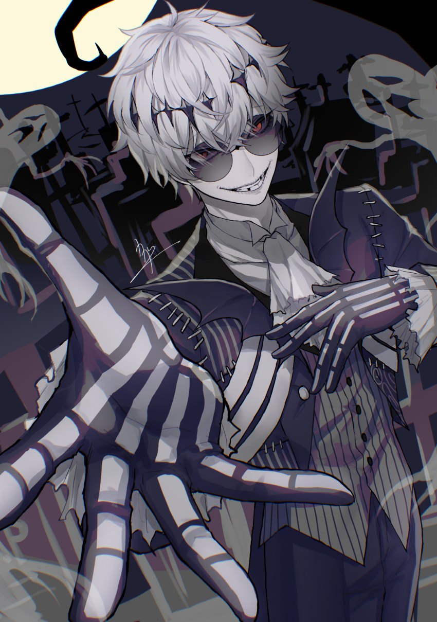 1boy, black_crown, crown, everyone, foreshortening, formal, ghost, grave