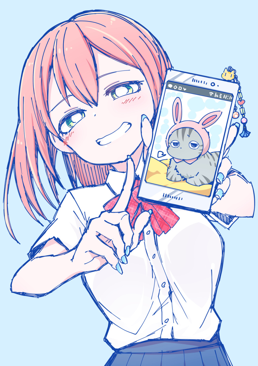 1girl, blue_background, blue_nails, blue_skirt, bright_pupils, cellphone, cellphone_charm, charm_(object)