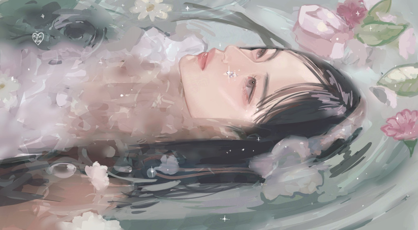 1girl, asap_(newjeans), asian, black_hair, brown_eyes, dress, floating, flower