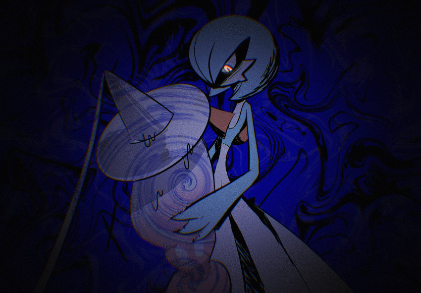 alternate_color, blue_hair, blue_skin, bob_cut, colored_skin, dh_666, dress, gardevoir, glowing, glowing_eyes, hair_over_one_eye, hat, hatterene, highres, multicolored_skin, orange_eyes, pokemon, pokemon_(creature), shiny_pokemon, sweat, two-tone_skin, white_dress, white_skin, witch_hat
