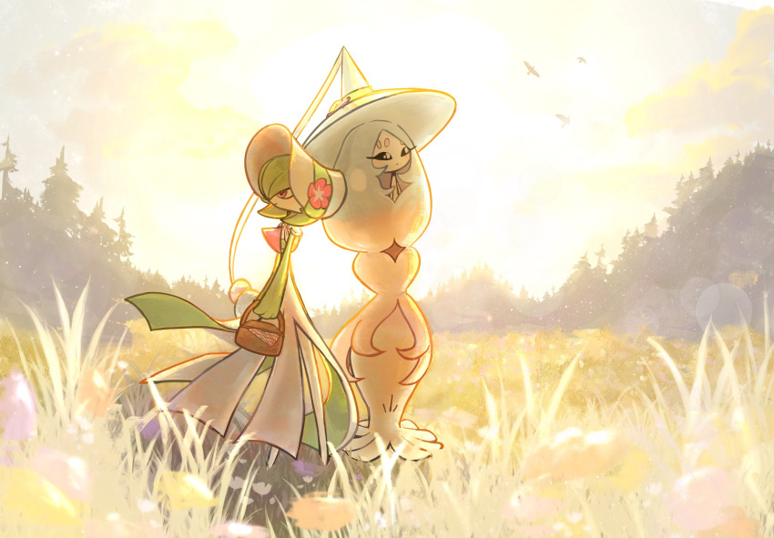 basket, bird, black_sclera, bob_cut, bonnet, colored_sclera, dh_666, dress, flower, forest, gardevoir, gardevoir_(fashionable), grass, green_hair, hair_over_one_eye, hat, hat_flower, hatterene, highres, holding, holding_basket, multicolored_hair, nature, on_grass, pokemon, pokemon_(creature), pokemon_unite, smile, sunset, tree, white_dress, witch_hat
