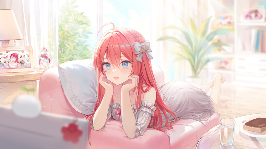 1girl, acrylic_stand_(object), ahoge, blue_eyes, blue_sky, blush, bookshelf, bow