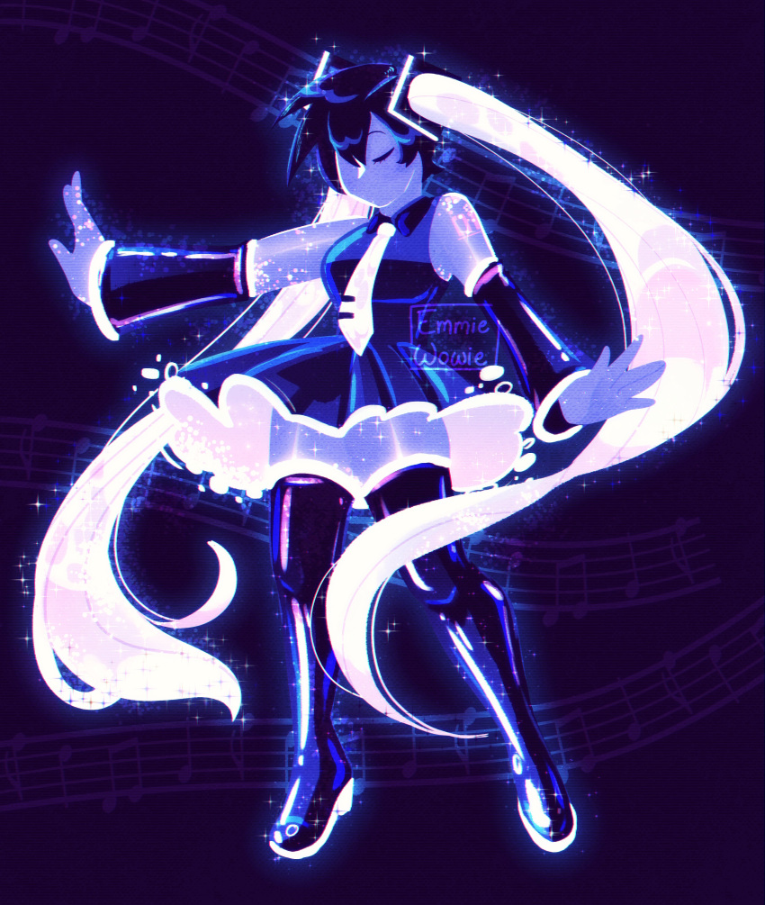 1girl, absurdres, ai-generated_art_(topic), ai-generated_encore_(meme), artist_name, black_sleeves, boots, closed_eyes, collared_shirt, colored_skin, commentary, detached_sleeves, eighth_note, emmiewowie, english_commentary, full_body, glowing, glowing_footwear, glowing_hair, glowing_neckwear, half_note, hatsune_miku, highres, meme, musical_note, necktie, no_mouth, pleated_skirt, purple_skin, quarter_note, shirt, skirt, solo, sparkle, staff_(music), standing, thigh-highs, thigh_boots, vocaloid, white_necktie