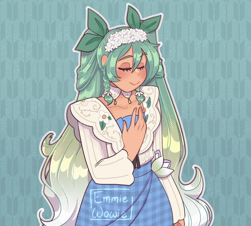 1girl, absurdres, aqua_hair, artist_name, blue_background, blush, closed_eyes, emmiewowie, flower, gradient_hair, green_hair, hair_flower, hair_ornament, halftone, hand_up, hatsune_miku, highres, long_hair, long_sleeves, multicolored_hair, outline, philippines, smile, solo, very_long_hair, vocaloid, white_flower, white_hair, white_outline, worldwide_miku, yagasuri