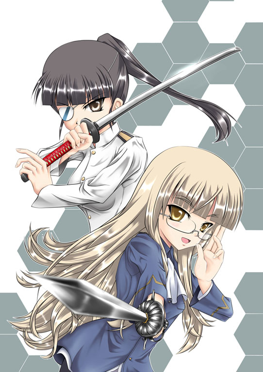 blonde_hair, brown_eyes, eyepatch, glasses, kenbu, long_hair, military, military_uniform