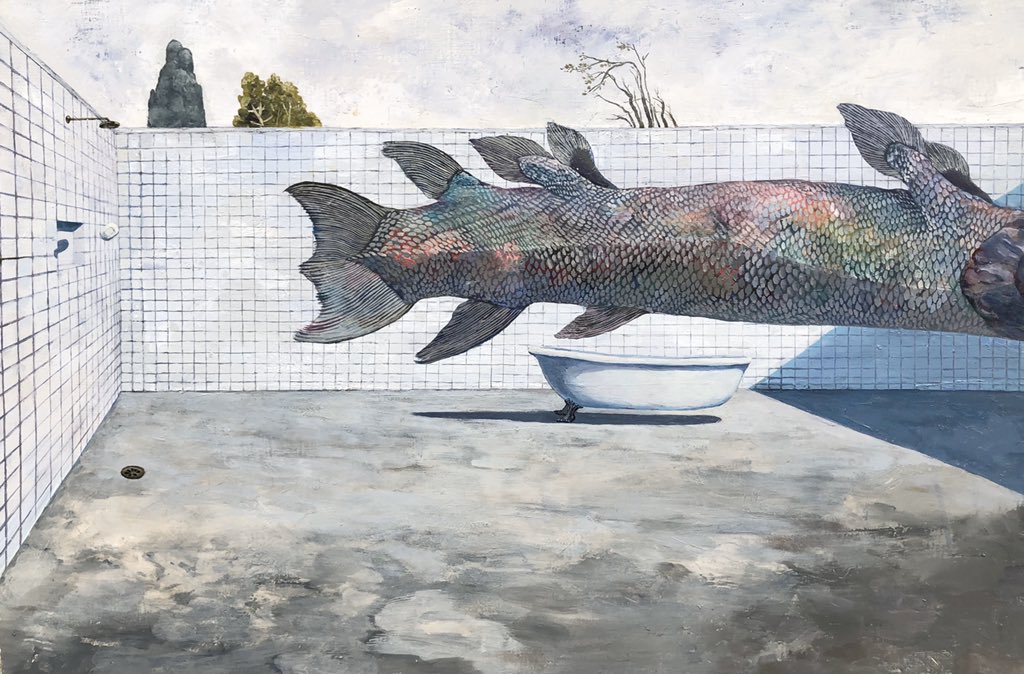 animal, animal_focus, bathroom, bathtub, blue_sky, drain_(object), fish, flying_fish