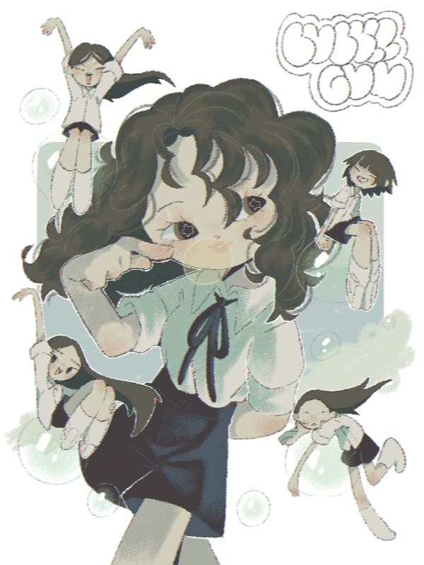 5girls, =_=, ^_^, blue_ribbon, blue_skirt, blush, brown_eyes, brown_hair