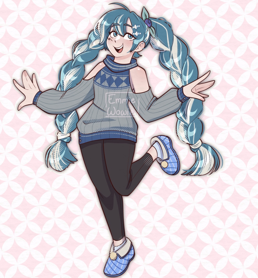 1girl, absurdres, artist_name, black_pants, blue_footwear, blue_hair, clothing_cutout, emmiewowie