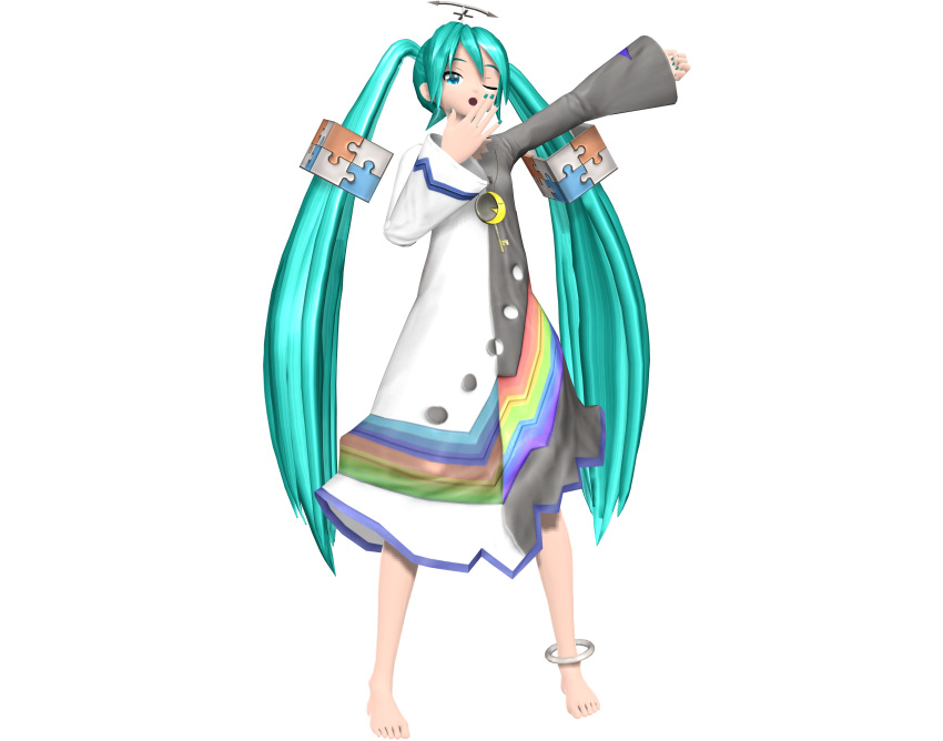 1girl, 3d, absurdres, arm_up, barefoot, blue_eyes, full_body, green_hair