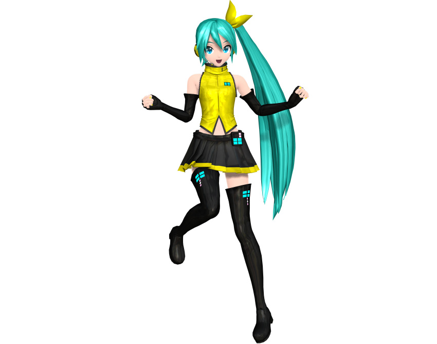 1girl, 3d, absurdres, bare_shoulders, blue_eyes, boots, full_body, green_hair, hatsune_miku, highres, long_hair, miniskirt, one_side_up, project_diva_(series), project_diva_future_tone_dx, skirt, smile, thigh_boots, third-party_edit, third-party_source, vocaloid, zettai_ryouiki