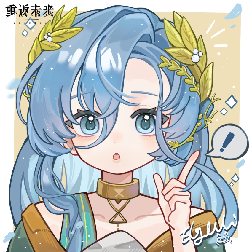 !, 1girl, 37_(reverse:1999), :o, ancient_greek_clothes, artist_name, blue_eyes, blue_hair