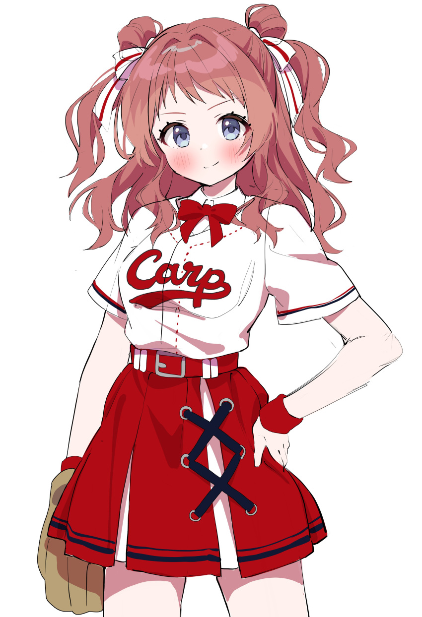 1girl, absurdres, baseball_mitt, baseball_uniform, belt, belted_skirt, blue_eyes, blush, bow, bowtie, breasts, brown_hair, chobi_(penguin_paradise), cowboy_shot, cross-laced_clothes, cross-laced_skirt, eyelashes, gakuen_idolmaster, hair_ribbon, hanami_saki, hand_on_own_hip, highres, idolmaster, long_hair, looking_at_viewer, medium_breasts, print_shirt, red_belt, red_bow, red_bowtie, red_skirt, red_wristband, ribbon, shirt, short_sleeves, sidelocks, skirt, smile, solo, sportswear, thighs, twintails, white_background, white_ribbon, white_shirt