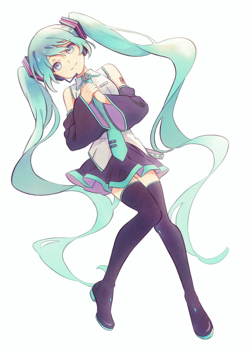 1girl, aqua_belt, aqua_eyes, aqua_hair, aqua_necktie, bare_shoulders, belt, black_footwear