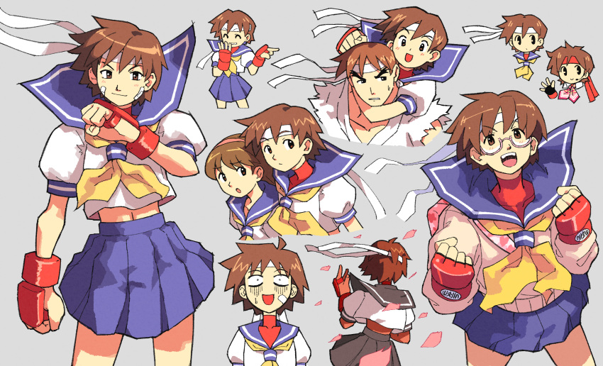 1boy, 2girls, absurdres, bandaid, bandaid_on_face, blue_skirt, brown_hair, character_request