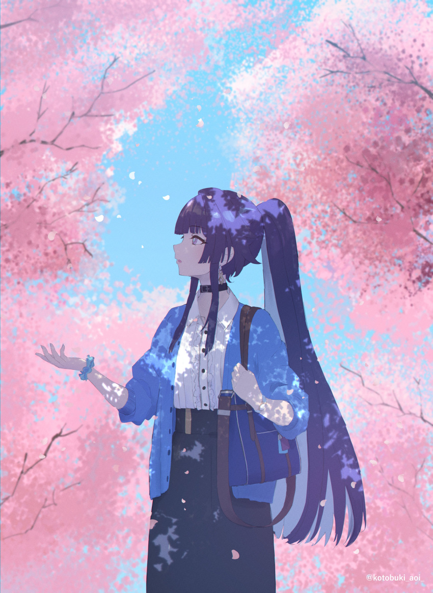 1girl, absurdres, bag, black_collar, black_skirt, blue_jacket, blue_sky, center_frills, collar, collared_shirt, commentary_request, day, dress_shirt, flower, frills, hand_up, highres, holding_strap, honkai_(series), honkai_impact_3rd, jacket, kotobuki_aoi, long_hair, long_sleeves, open_clothes, open_jacket, outdoors, parted_lips, petals, pink_flower, ponytail, puffy_long_sleeves, puffy_sleeves, purple_hair, raiden_mei, shirt, skirt, sky, solo, twitter_username, violet_eyes, watch, watch, white_shirt