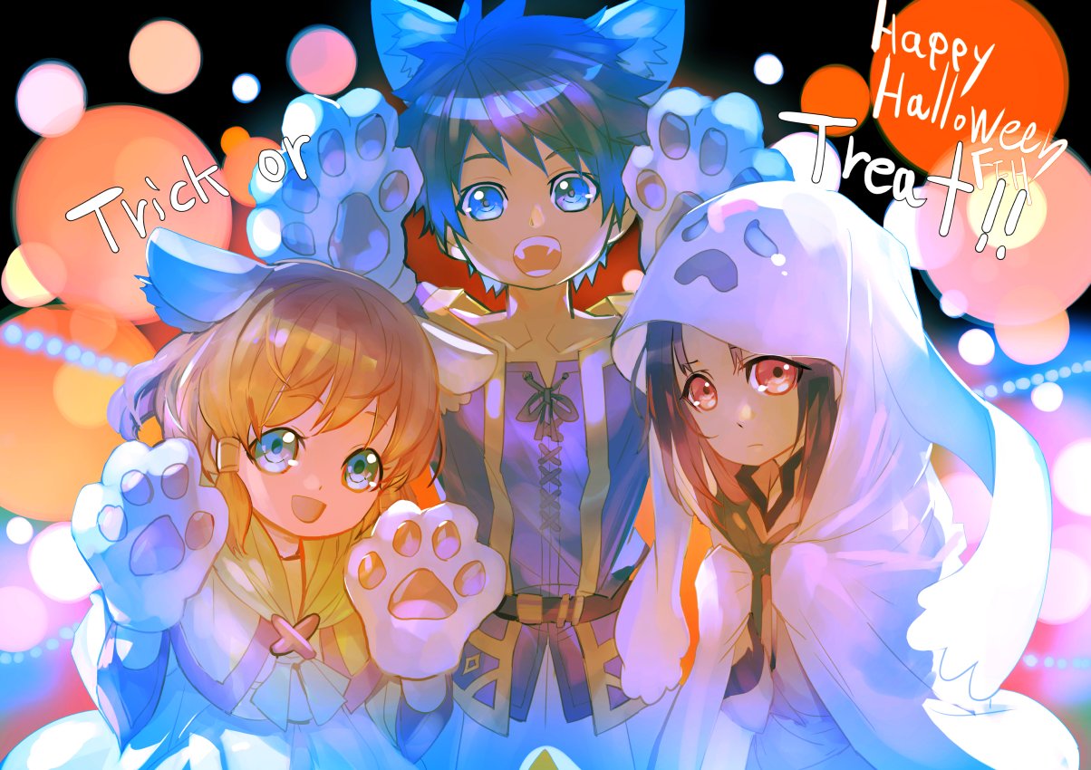 1girl, 2boys, animal_ears, black_hair, blue_eyes, blue_hair, brown_hair, child, cross-laced_clothes, cross-laced_top, fake_animal_ears, fire_emblem, fire_emblem:_path_of_radiance, fire_emblem_heroes, ghost_costume, hair_tubes, happy_halloween, ike_(close-knit_siblings)_(fire_emblem), ike_(fire_emblem), looking_at_viewer, mist_(close-knit_siblings)_(fire_emblem), mist_(fire_emblem), multiple_boys, nanathuika, open_mouth, red_eyes, short_hair, soren_(fire_emblem), soren_(hushed_voice)_(fire_emblem), trick_or_treat, werewolf_costume, wolf_ears, wolf_paws