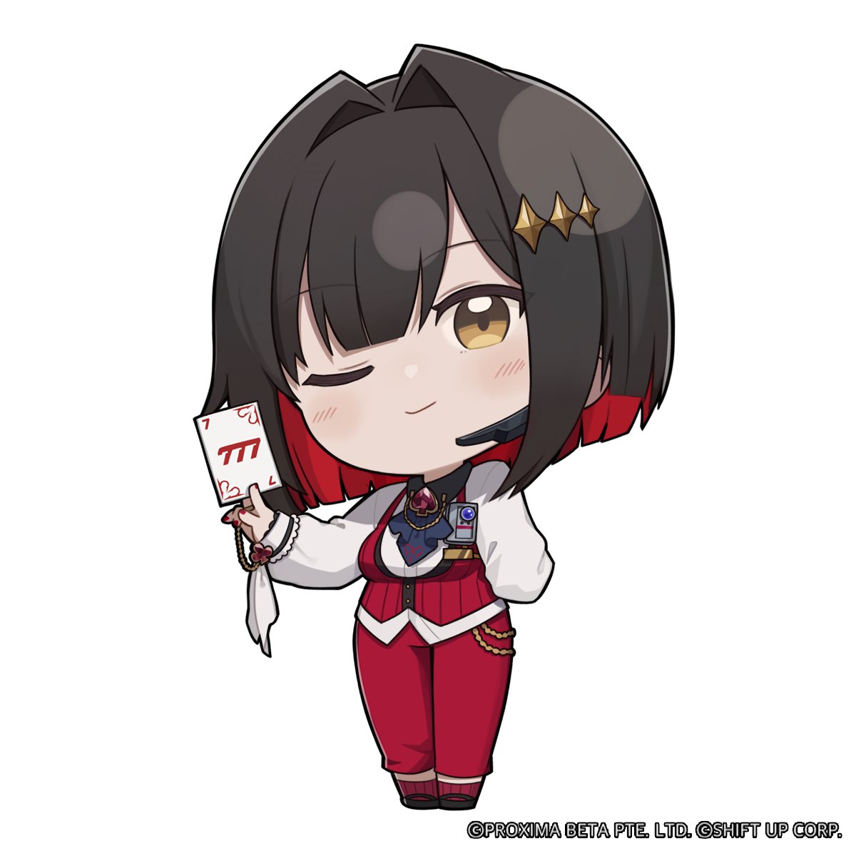 1girl, black_hair, bob_cut, card, chibi, colored_inner_hair, goddess_of_victory:_nikke, highres