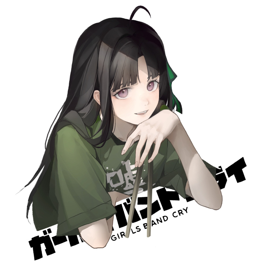 1girl, ahoge, awa_subaru, black_hair, blue_ribbon, clothes_writing, commentary, copyright_name