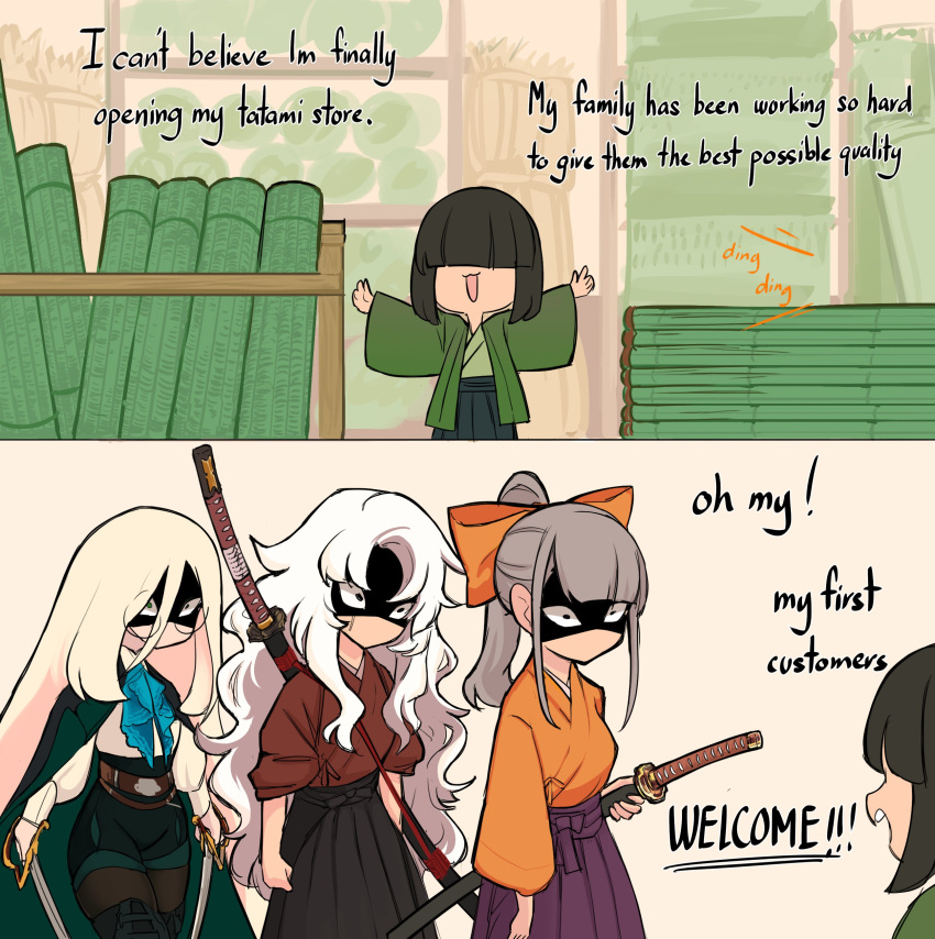 4girls, :d, absurdres, ascot, black_hair, blonde_hair, blue_ascot, boots
