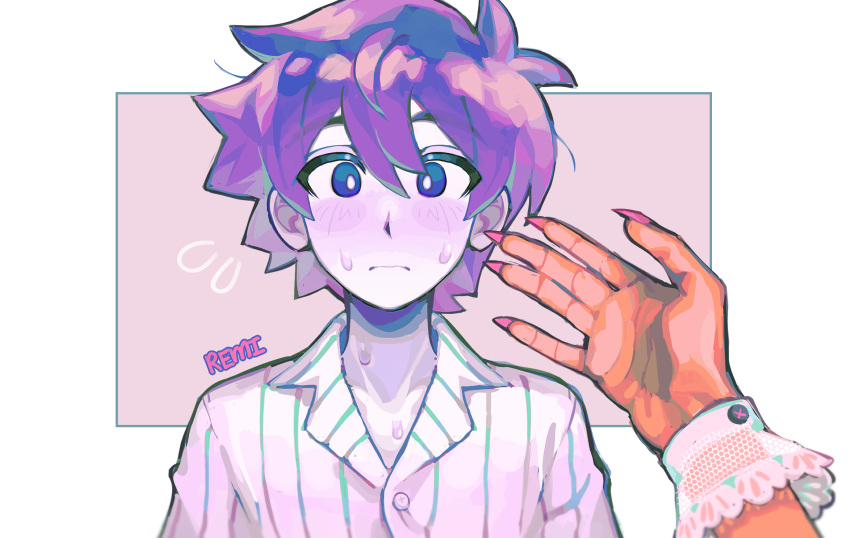 1boy, 1girl, antenna_hair, arms_at_sides, artist_name, blue_eyes, blush, border