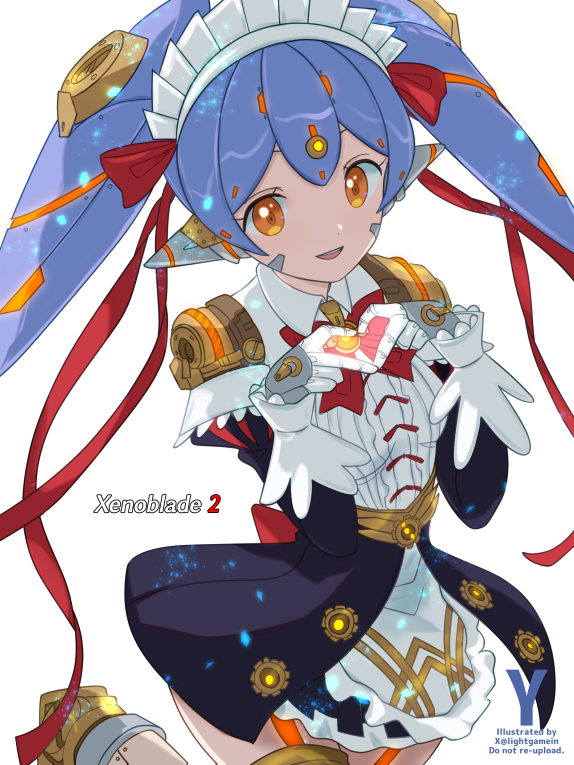 1girl, :d, android, blue_hair, bow, brown_eyes, commentary_request, copyright_name