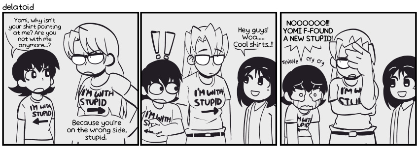!, !!, 3girls, absurdres, artist_name, azumanga_daioh, closed_mouth, delatoid, english_text, facepalm, glasses, highres, i'm_with_stupid_(meme), kasuga_ayumu, left-to-right_manga, long_hair, looking_at_another, meme, mizuhara_koyomi, multiple_girls, open_mouth, shirt, short_hair, short_sleeves, speech_bubble, t-shirt, takino_tomo