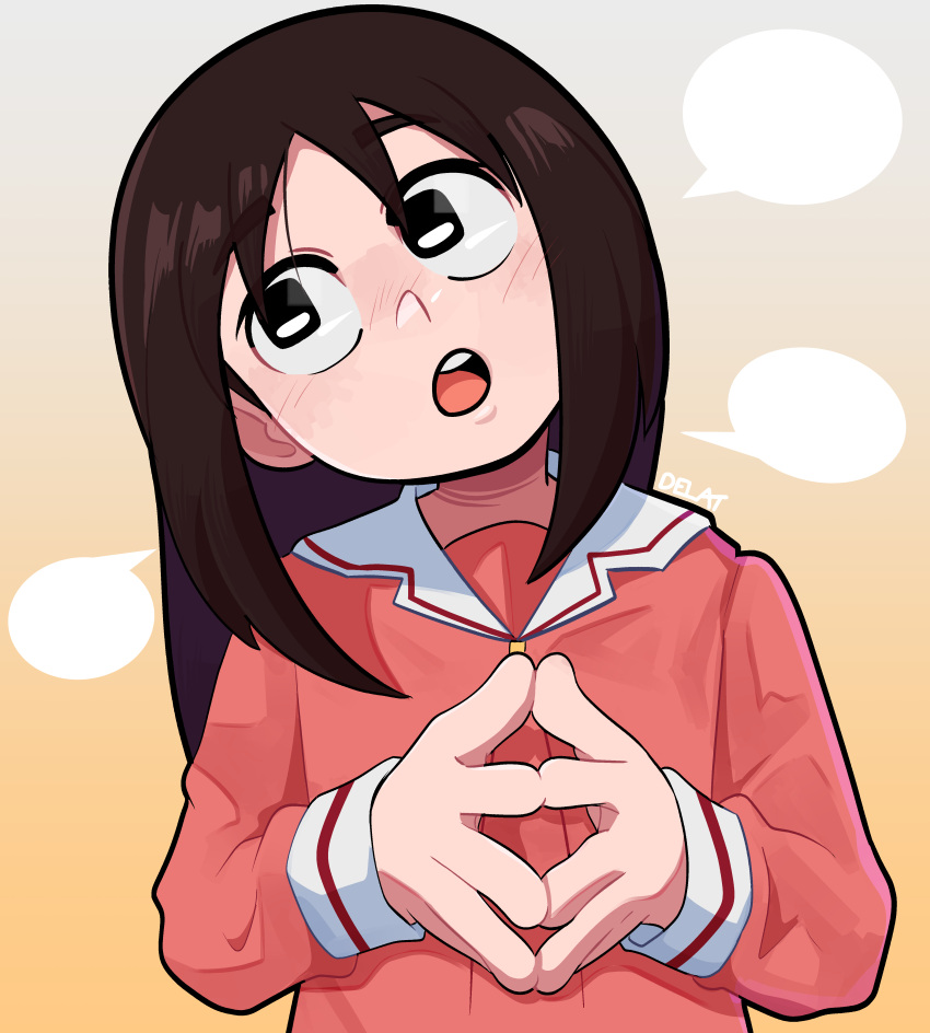 1girl, absurdres, artist_name, averting_eyes, azumanga_daioh, azumanga_daioh's_school_uniform, black_eyes, blush
