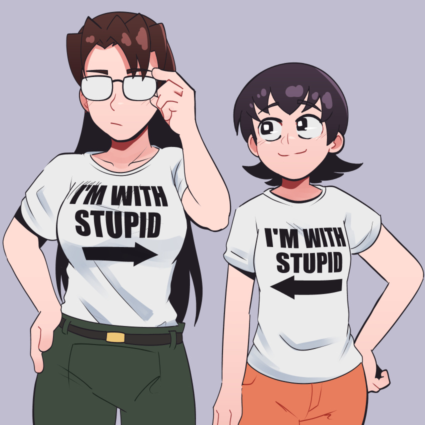 2girls, absurdres, adjusting_eyewear, azumanga_daioh, black-framed_eyewear, black_eyes, black_hair, breasts, brown_hair, closed_mouth, delatoid, english_commentary, glasses, green_pants, highres, i'm_with_stupid_(meme), large_breasts, looking_at_another, looking_at_viewer, meme, mizuhara_koyomi, multiple_girls, orange_pants, pants, shirt, short_sleeves, smile, t-shirt, takino_tomo, white_shirt