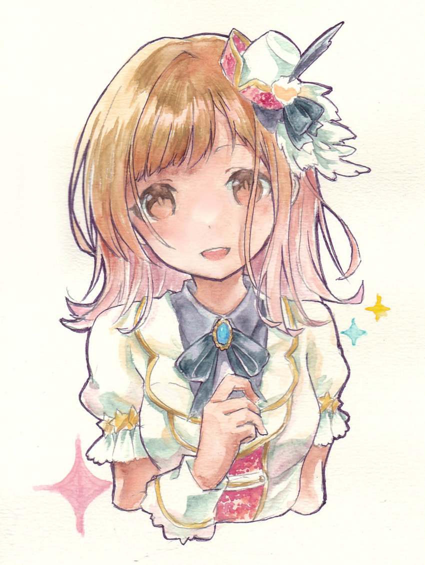 1girl, blush, breasts, brown_eyes, brown_hair, flower, hat, highres, idolmaster, idolmaster_shiny_colors, light_brown_hair, looking_at_viewer, medium_breasts, medium_hair, mini_hat, nonano73, open_mouth, painting_(medium), photo_(medium), puffy_sleeves, sakuragi_mano, short_sleeves, simple_background, smile, solo, traditional_media, upper_body, watercolor_(medium)