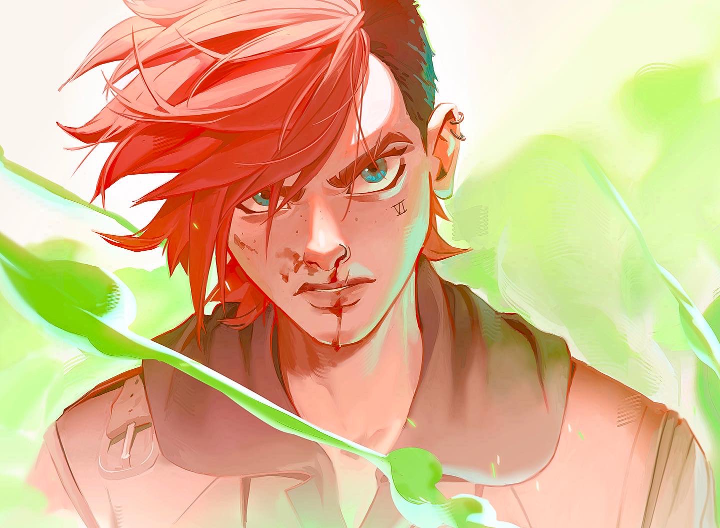1girl, alisvart, arcane:_league_of_legends, arcane_vi, asymmetrical_hair, blood, blue_eyes, brown_jacket