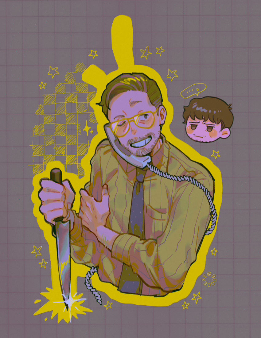 ..., 2boys, arm_hair, artist_name, beard, brown_hair, collared_shirt, corded_phone
