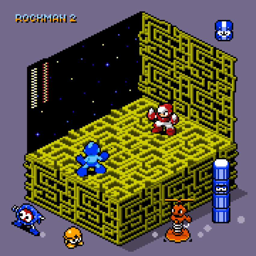 2boys, animated, animated_gif, crash_man, humanoid_robot, isometric, looking_at_another, mega_man_(classic)