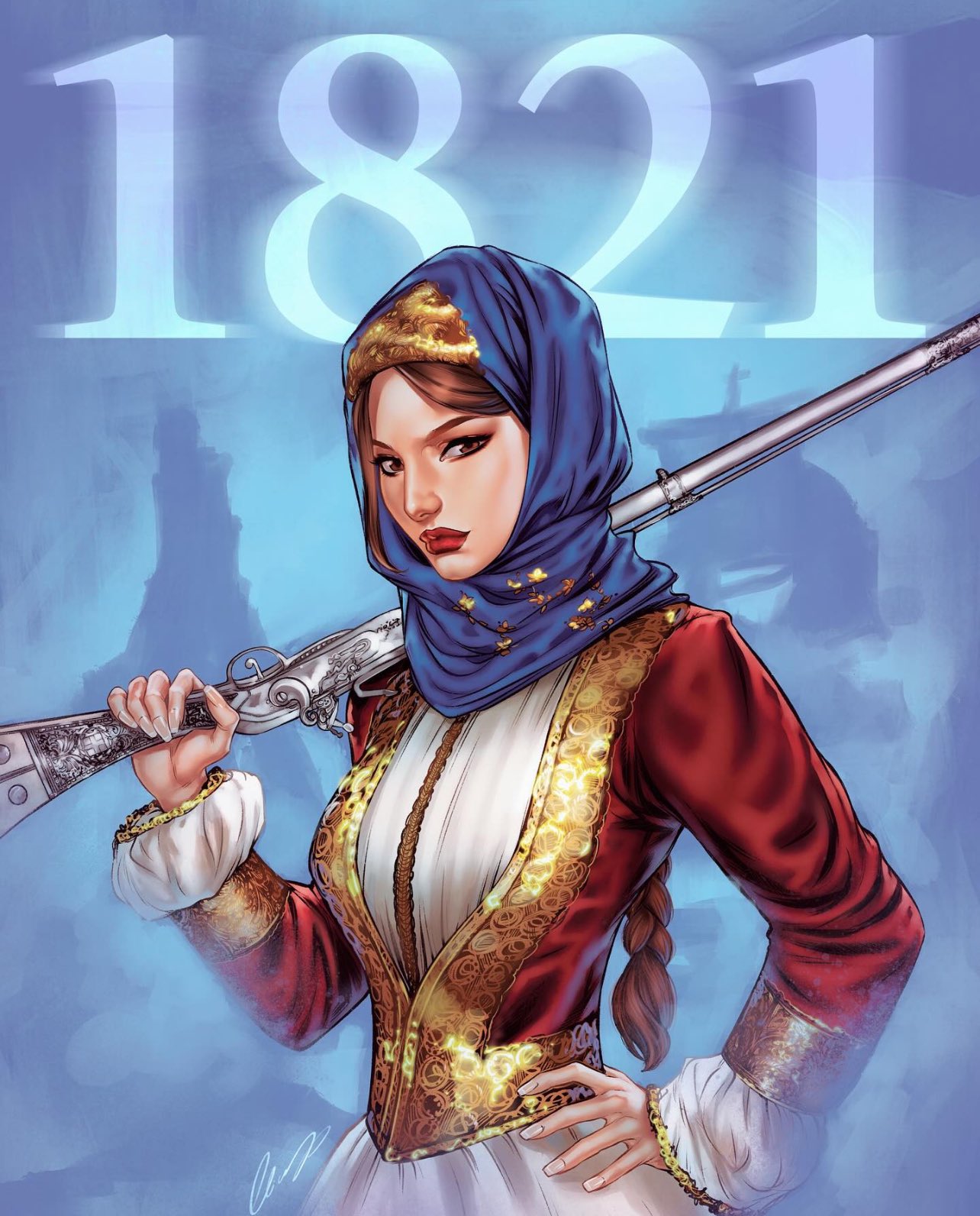 1girl, brown_eyes, brown_hair, dress, elias_chatzoudis, greek_independence_day, gun, hand_on_own_hip