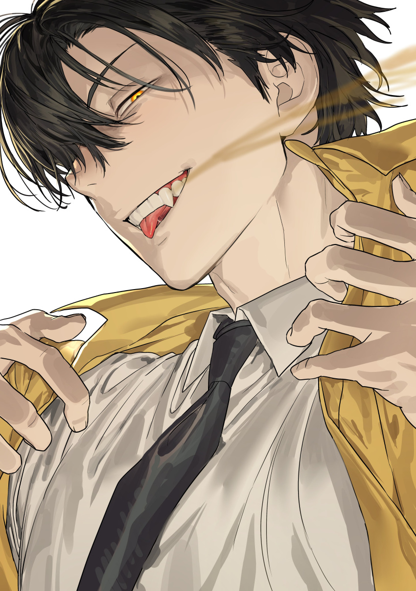 1boy, absurdres, asymmetrical_bangs, black_hair, black_necktie, chamuring, close-up, collared_shirt, fang, from_side, hair_over_one_eye, han_maru, hands_up, highres, jacket, looking_at_viewer, male_focus, necktie, one_eye_covered, open_clothes, open_jacket, orange_eyes, shirt, short_hair, simple_background, smirk, solo, special_civil_servant, teeth, tongue, tongue_out, upper_teeth_only, white_background, white_shirt, wind, yellow_jacket