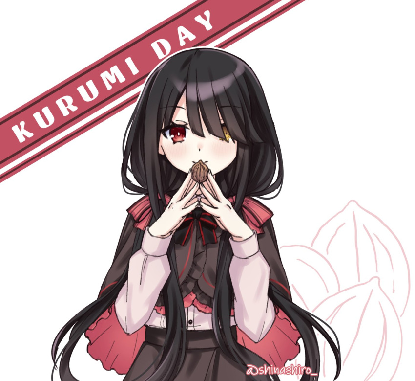 1girl, black_cape, black_hair, black_skirt, cape, clock_eyes, date_a_live, dress
