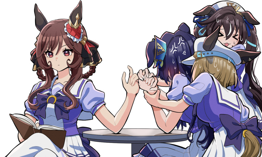 >_<, 4girls, anger_vein, animal_ears, arm_wrestling, beret, blue_hair, bored