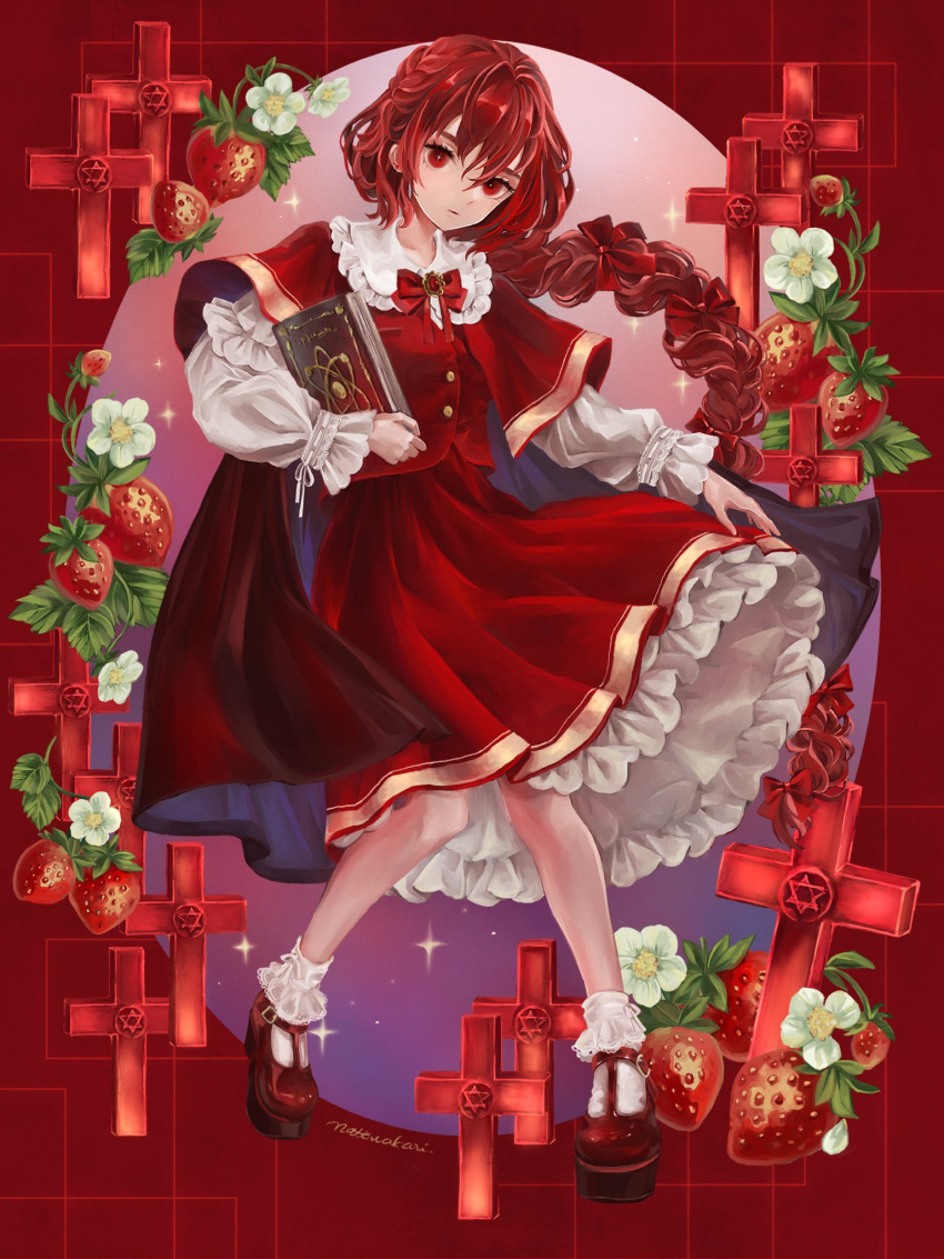 1girl, book, bow, bowtie, braid, braided_ponytail, capelet, commentary, cross, flower, food, fruit, full_body, highres, holding, holding_book, long_hair, long_skirt, long_sleeves, natsuakari, okazaki_yumemi, red_background, red_bow, red_bowtie, red_capelet, red_eyes, red_footwear, red_skirt, redhead, skirt, socks, solo, strawberry, touhou, touhou_(pc-98), very_long_hair, white_flower, white_socks
