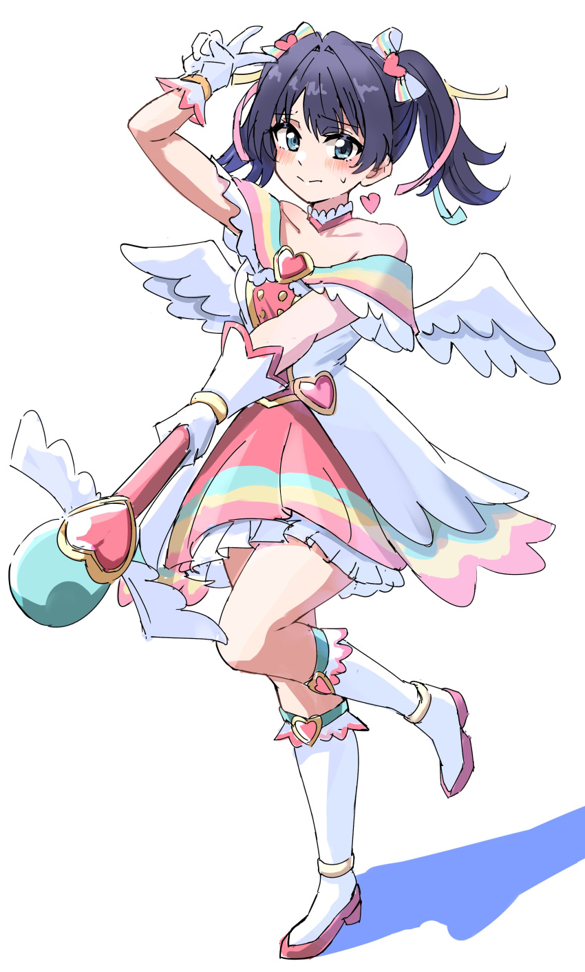 1girl, absurdres, arm_up, blue_eyes, blue_hair, blush, bow, closed_mouth, collarbone, commentary, dark_blue_hair, dress, embarrassed, ereka, feathered_wings, flats, frilled_dress, frills, full_body, gloves, hair_bow, heart_wand, highres, holding, holding_wand, kneehighs, layered_dress, leg_up, link!_like!_love_live!, looking_at_viewer, love_live!, low_wings, medium_hair, multicolored_clothes, multicolored_dress, murano_sayaka, murano_sayaka_(mahou_shoujo_rhythmic_heart), nervous_smile, off-shoulder_dress, off_shoulder, official_alternate_costume, official_alternate_hairstyle, pink_dress, pink_footwear, shadow, short_dress, simple_background, smile, socks, solo, standing, standing_on_one_leg, striped_bow, sweatdrop, twintails, virtual_youtuber, wand, white_background, white_bow, white_dress, white_gloves, white_socks, white_wings, winged_wand, wings