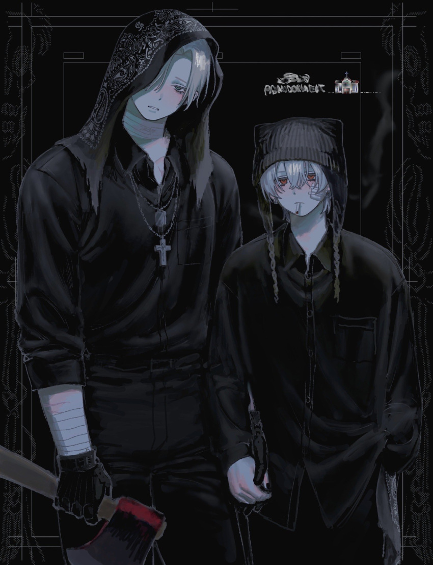 2boys, axe, bandaged_arm, bandaged_neck, bandages, beanie, belt, black_background