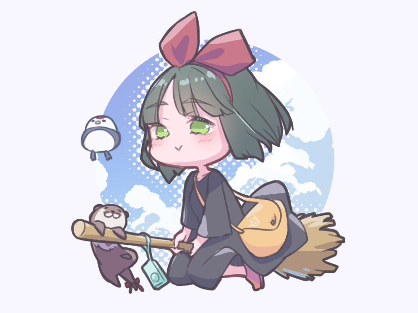 1girl, :>, absurdres, animal, bag, black_dress, black_hair, blue_sky