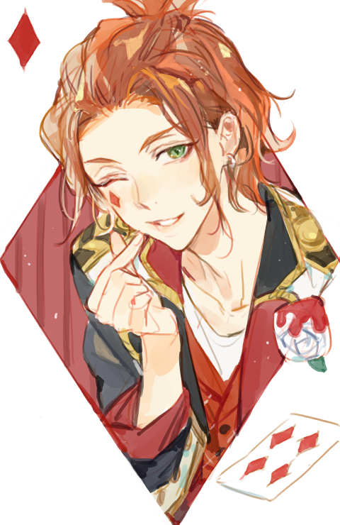 1boy, bangs_pinned_back, cater_diamond, cheek_tattoo, ear_piercing, finger_heart, green_eyes, jacket