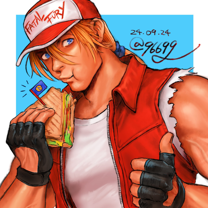 1boy, :t, bare_shoulders, baseball_cap, biceps, black_gloves, blonde_hair, blue_eyes