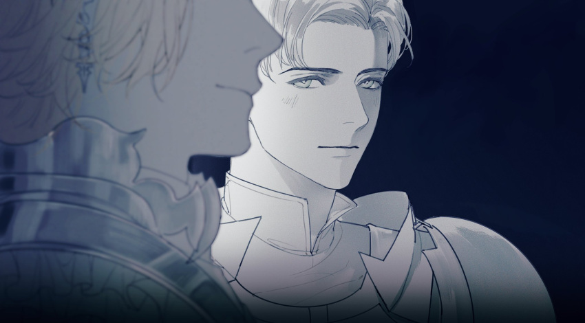 2boys, armor, black_background, blush, closed_mouth, collared_shirt, commentary_request, cropped_head, dion_lesage, ear_piercing, earrings, final_fantasy, final_fantasy_xvi, greyscale, highres, jewelry, juliann10203610, looking_at_another, male_focus, monochrome, multiple_boys, pauldrons, piercing, shirt, shoulder_armor, simple_background, terrence_(ff16), upper_body