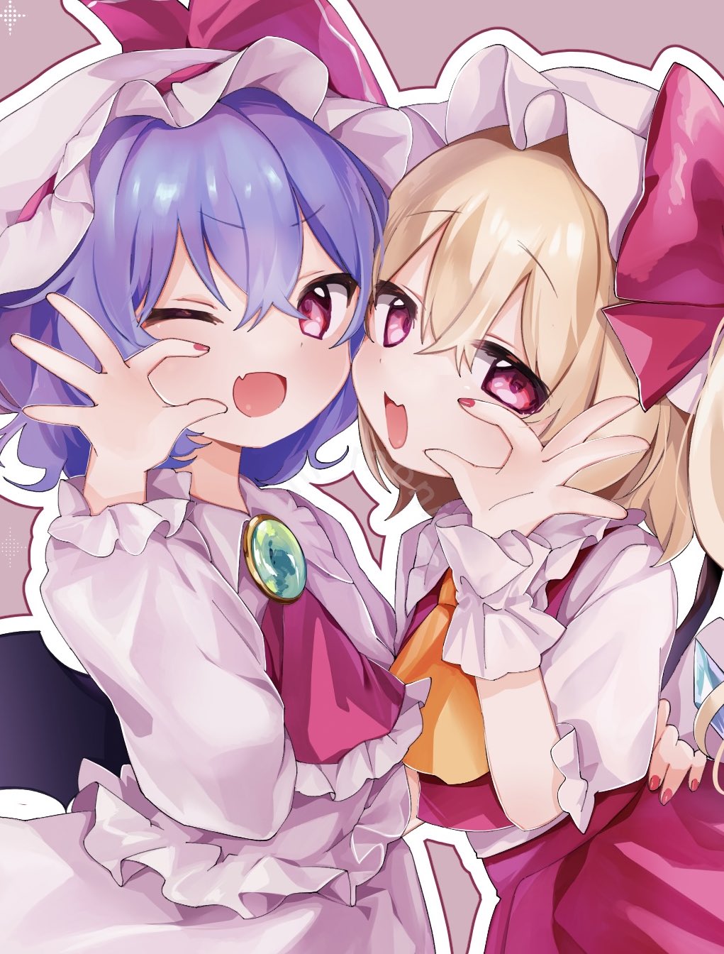 2girls, :d, ascot, bat_wings, blonde_hair, blush, brooch, commentary_request, cowboy_shot, crystal, dot_nose, fang, flandre_scarlet, flat_chest, frilled_shirt_collar, frills, hair_between_eyes, hand_on_another's_waist, hand_up, hat, highres, jewelry, looking_at_viewer, mob_cap, moni_monico, multiple_girls, nail_polish, one_eye_closed, open_mouth, outline, pink_background, pink_eyes, puffy_short_sleeves, puffy_sleeves, purple_background, purple_hair, red_nails, remilia_scarlet, short_sleeves, siblings, simple_background, sisters, skin_fang, sleeves_past_wrists, smile, standing, touhou, v-shaped_eyebrows, white_outline, wings, yellow_ascot