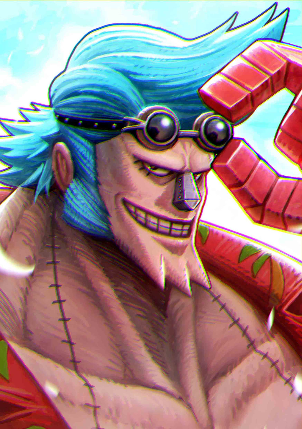1boy, black_eyes, blue_hair, clenched_teeth, commentary, english_commentary, franky_(one_piece), goggles, goggles_on_head, highres, long_sideburns, looking_at_viewer, male_focus, one_piece, painterly, short_hair, sideburns, smile, solo, spiky_hair, teeth, tubslab