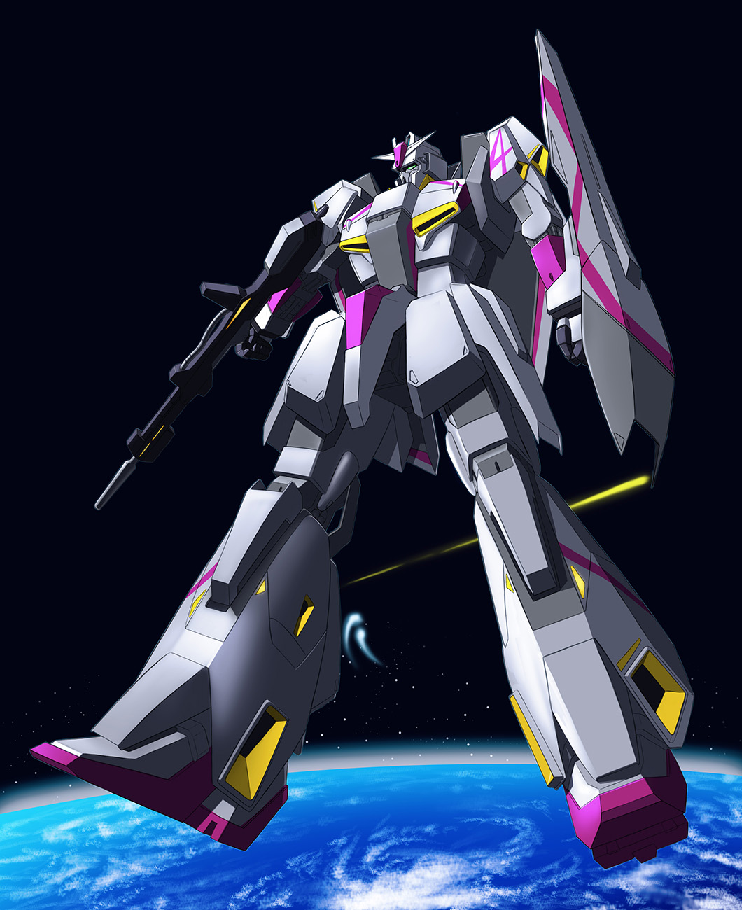 aeug, anaheim_electronics, battle, commentary, earth_(planet), energy_beam, gundam, gundam_evolve, highres, in_orbit, mecha, mecha_focus, mobile_suit, no_humans, planet, robot, roundel, science_fiction, shield, space, thrusters, tomolow1971, v-fin, zero_gravity, zeta_gundam_3a_type