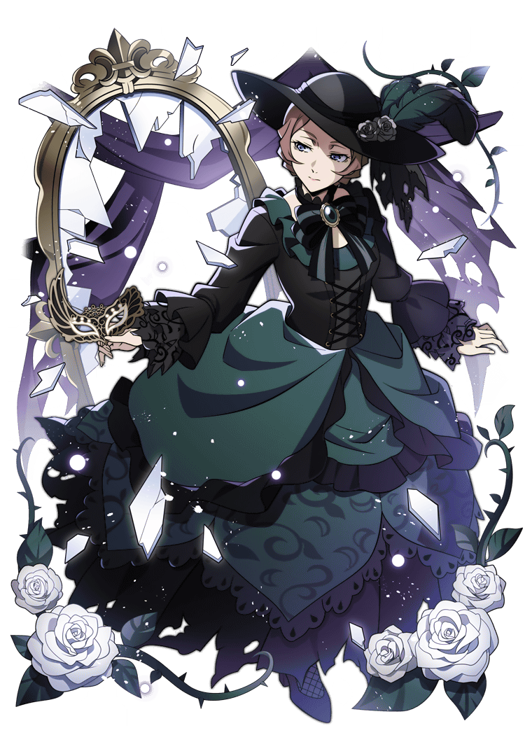 1girl, black_bow, black_dress, black_hat, blue_eyes, bow, broken_mirror, brooch, brown_hair, bungou_stray_dogs, closed_mouth, dress, flower, frilled_dress, frills, full_body, green_dress, hat, hat_feather, hat_flower, holding, holding_mask, jewelry, long_sleeves, margaret_mitchell_(bungou_stray_dogs), mask, masquerade_mask, mirror, official_alternate_costume, official_art, rose, shards, shoes, solo, third-party_source, thorns, transparent_background, two-tone_dress, unworn_mask, white_flower, white_rose