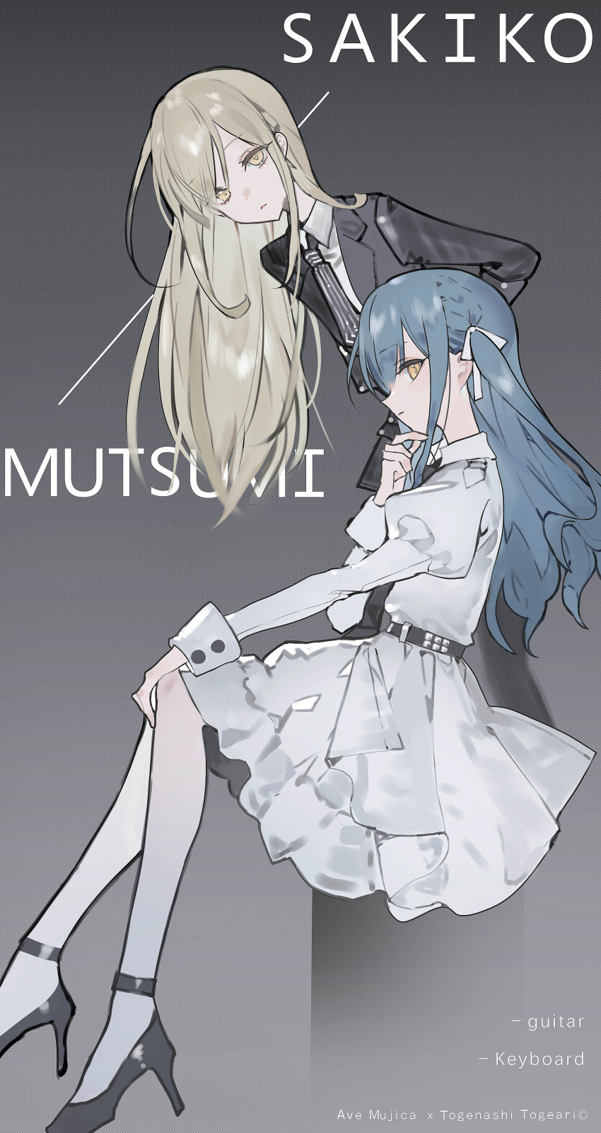 2girls, absurdres, ajirui, arms_behind_back, bang_dream!, bang_dream!_it's_mygo!!!!!, belt, black_belt, black_footwear, black_jacket, black_necktie, blue_hair, chinese_commentary, closed_mouth, collared_shirt, commentary_request, cosplay, dress, ebizuka_tomo, ebizuka_tomo_(cosplay), girls_band_cry, green_hair, group_name, hair_ribbon, hand_on_own_chin, high_heels, highres, instrument_connection, invisible_chair, jacket, juliet_sleeves, kawaragi_momoka, kawaragi_momoka_(cosplay), long_hair, long_sleeves, looking_at_viewer, multiple_girls, necktie, pantyhose, puffy_sleeves, ribbon, shirt, sidelocks, sitting, striped_clothes, togawa_sakiko, vertical-striped_clothes, vertical-striped_necktie, wakaba_mutsumi, white_dress, white_pantyhose, white_ribbon, white_shirt, yellow_eyes