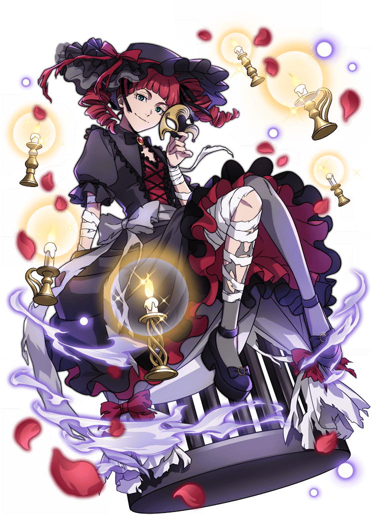 1girl, aqua_eyes, bandaged_arm, bandaged_leg, bandages, black_dress, black_hat, bow, bungou_stray_dogs, cage, candle, candlestand, closed_mouth, dress, drill_hair, frilled_dress, frilled_hat, frills, full_body, gothic_lolita, grey_pantyhose, hat, hat_ribbon, holding, holding_mask, lolita_fashion, looking_at_viewer, lucy_maud_montgomery_(bungou_stray_dogs), mask, masquerade_mask, official_alternate_costume, official_alternate_hairstyle, official_art, pantyhose, petals, red_ribbon, redhead, ribbon, shoes, sitting, sitting_on_cage, smile, solo, third-party_source, torn_bandages, transparent_background, twin_drills, unworn_mask