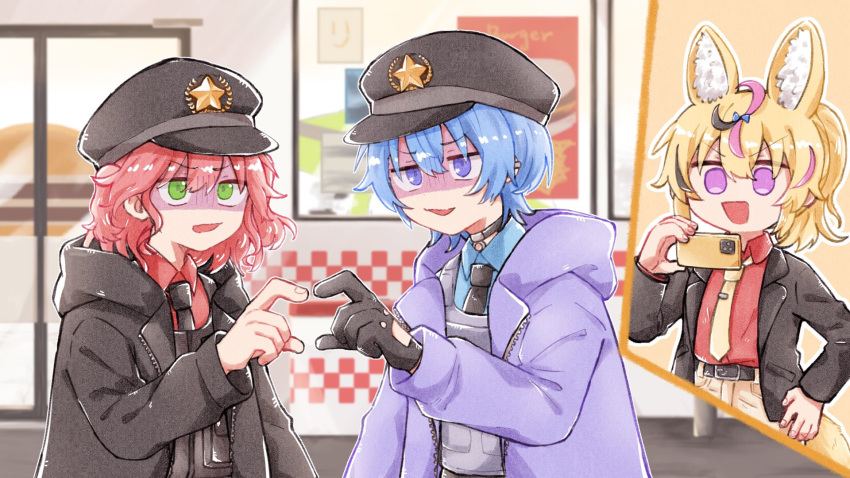 3girls, animal_ears, blonde_hair, blue_eyes, blue_hair, gloves, green_eyes, heart